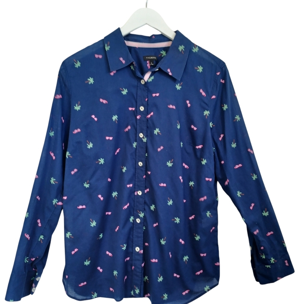 Talbots Blouse Cotton Button Up Navy Palm‎ Trees Sunglasses Womens Large